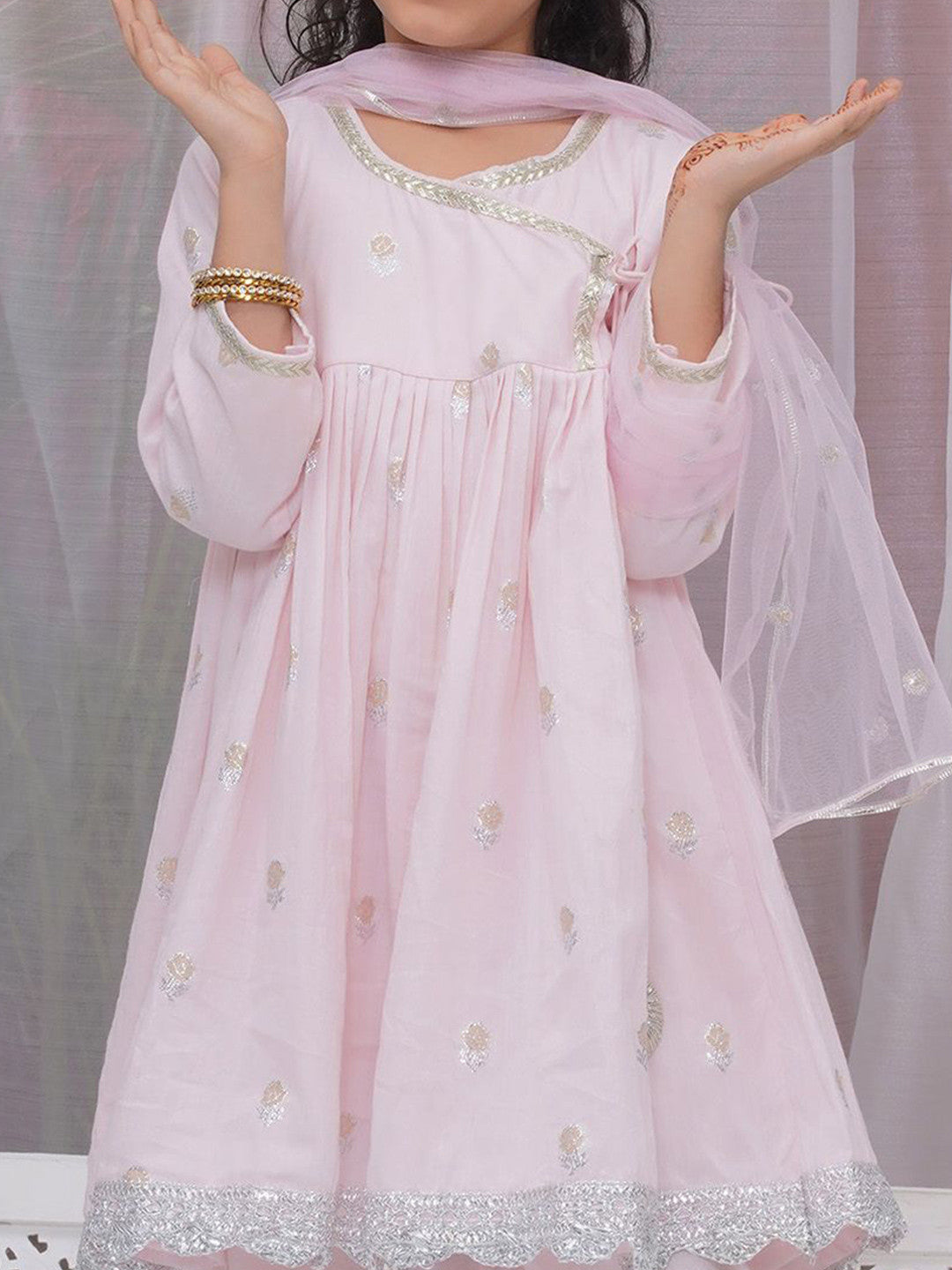 Girls Floral Woven Design Pure Cotton A-Line Kurta with Salwar & Dupatta