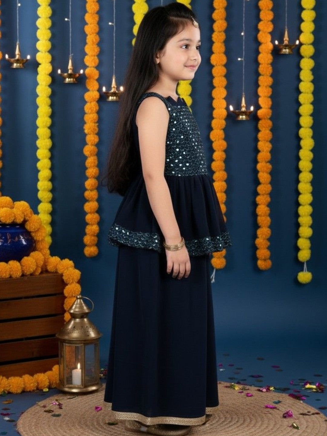 Girls Ethnic Motifs Embroidered Tiered Sequinned Kurti with Palazzos & With Dupatta
