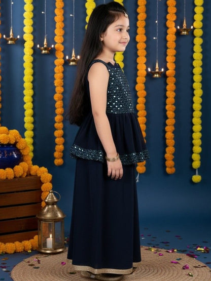 Girls Ethnic Motifs Embroidered Tiered Sequinned Kurti with Palazzos & With Dupatta
