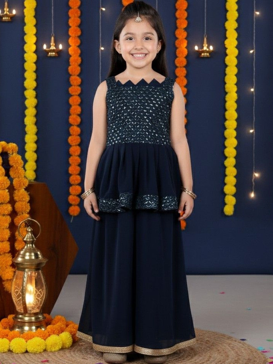 Girls Ethnic Motifs Embroidered Tiered Sequinned Kurti with Palazzos & With Dupatta