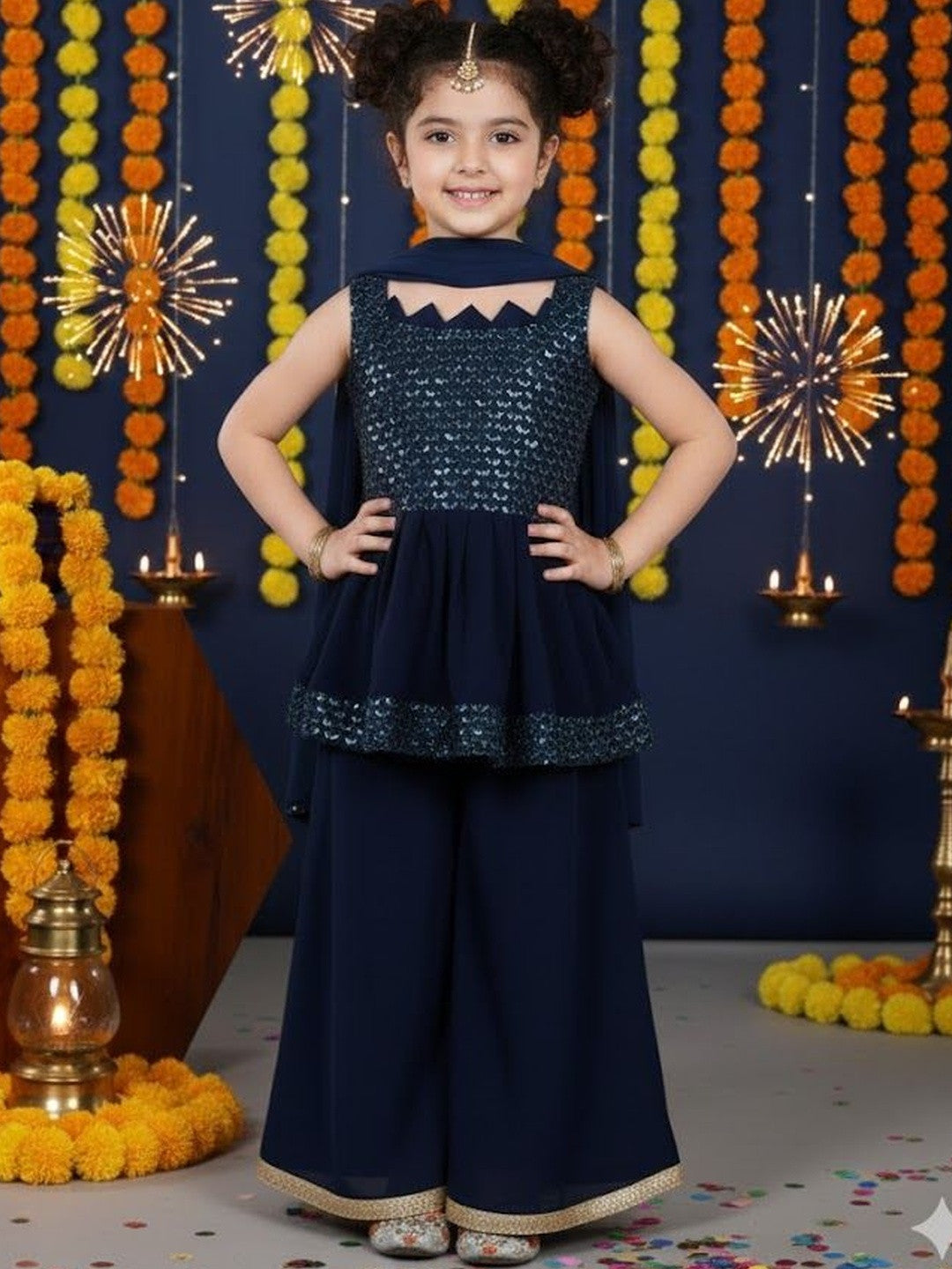 Girls Ethnic Motifs Embroidered Tiered Sequinned Kurti with Palazzos & With Dupatta