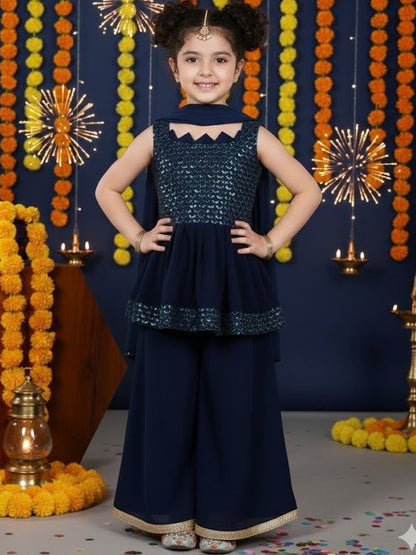 Girls Ethnic Motifs Embroidered Tiered Sequinned Kurti with Palazzos & With Dupatta