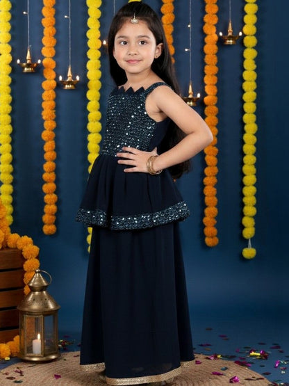 Girls Ethnic Motifs Embroidered Tiered Sequinned Kurti with Palazzos & With Dupatta