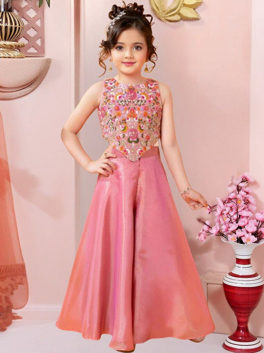 Girls Floral Embroidered Regular Thread Work Kurti with Palazzos